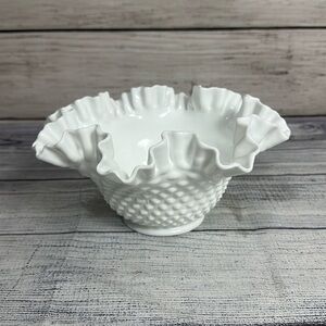 Vintage White Milk Glass Crimped Ruffled Edge Hobnail Fruit Bowl Centerpiece
